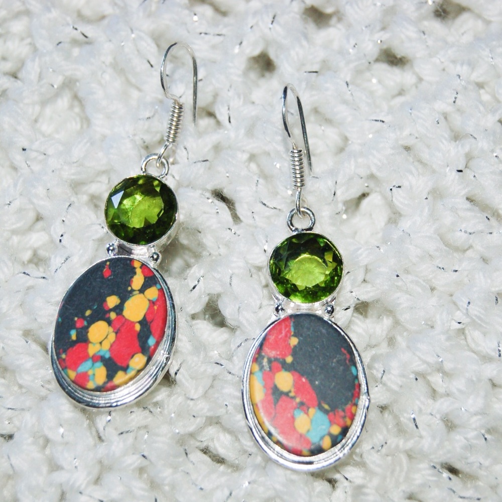 Colorful Mosaic Jasper Earrings w Beads 2"